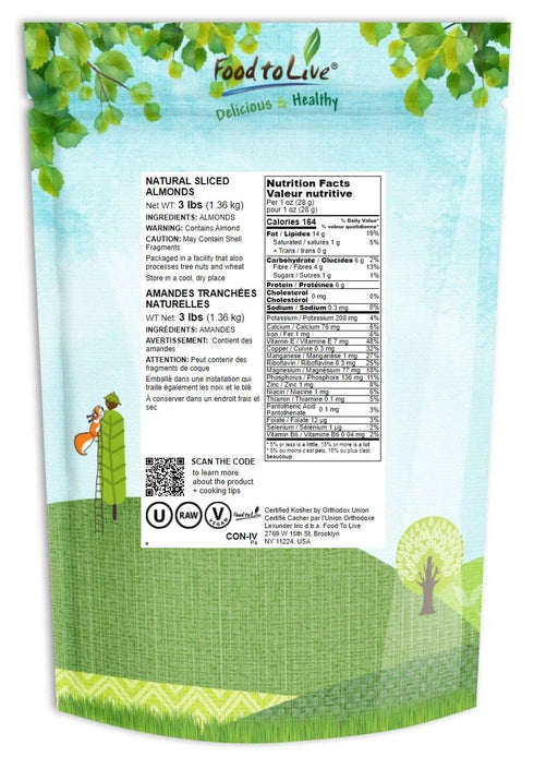 3 Food to Live California Natural Sliced Almonds, Pounds Raw Unblanched Almond Nuts, Kosher, Vegan, Keto, Bulk. High