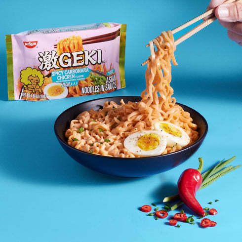(Pack 20) Nissin Geki Chili Infused Asian Noodles, Spicy Carbonara Chicken