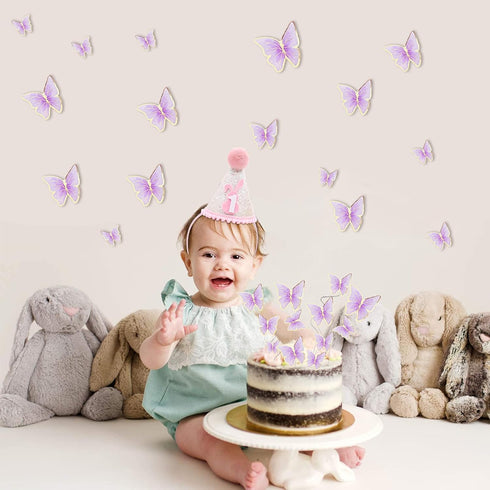 Set of 66 Pack Mixed Size & Colour Purple Gold Cupcake Toppers 3D Butterfly Cake Picks with Dot Glue for Party