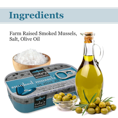 4oz Hand-Packed 14g Pack 5 Coles Patagonian Smoked Mussels Canned in Extra Virgin Olive Oil | Tinned Mussels | Protein