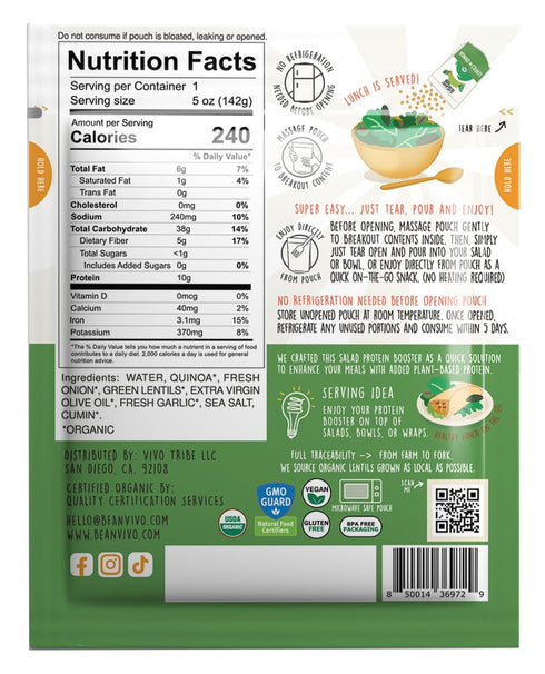 6-Pack 10g protein-packed 5oz BeanVIVO Salad Protein Booster - Organic Lentils & Quinoa, fully cooked and seasoned
