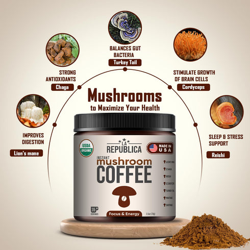 100% 5 Immunity, 35 La Republica Instant Mushroom Coffee Organic Arabica Coffee with Lions Mane, Reishi & More