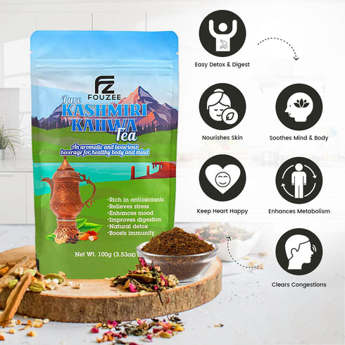 Immunity 3.53oz, 100g FOUZEE Pure Kashmiri Kahwa Loose Leaf Tea Herbal Green Tea Leaves w/Almonds, Saffron, Cinnamon