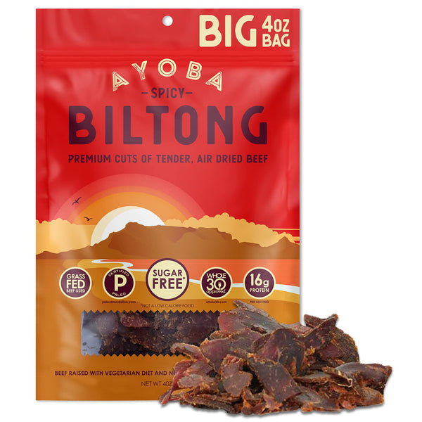 Ayoba Spicy Grass Fed Beef Biltong Slices - 4 Ounce, Pack of 1 - Keto Friendly Air-Dried Grass Fed Beef Snacks
