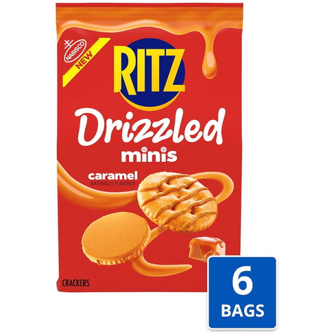6-8 oz RITZ Drizzled Minis Caramel Crackers, Snacks for Kids and Adults, Party Snacks, Bags