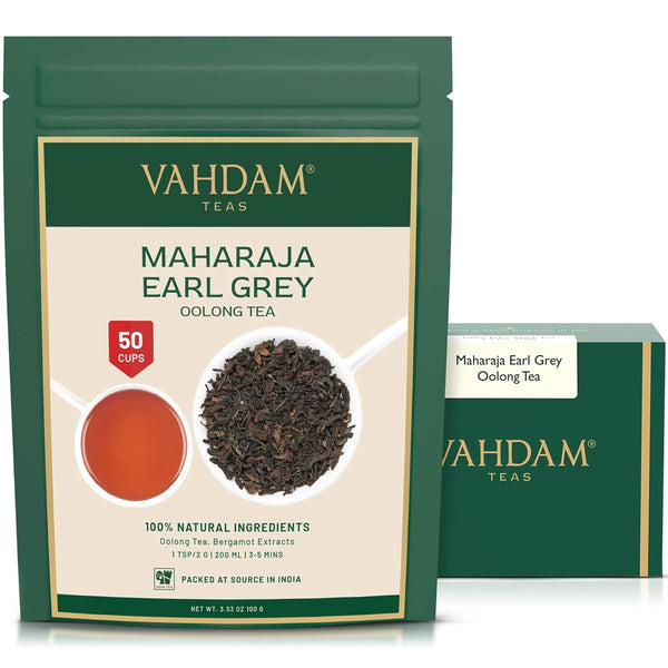 VAHDAM Maharaja Earl Grey Oolong Tea Loose Leaf (50 Cups/3.53oz) Non GMO, Gluten Free, Brew Hot or Iced