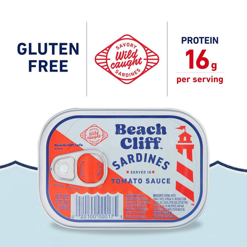 3.75 oz 16g Beach Cliff Wild Caught Sardines in Tomato Sauce, Can - Protein per Serving - Gluten Free, Keto Friendly