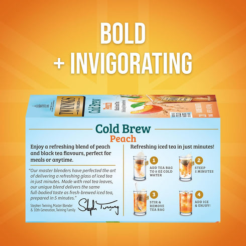 20 Count (Pack 1), 20 Twinings Peach Cold Brew Iced Tea Bags, of Unsweetened Flavoured Black Tea, Caffeinated, Teabags
