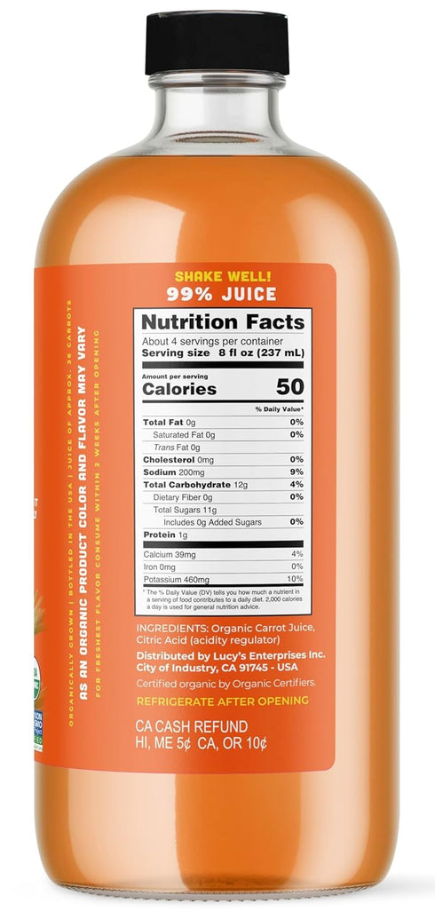 99% 34 oz. Lucys Family Owned - AMERICAN CARROTS Organic Pure Carrot Juice, Glass Bottle (Fresh Pressed