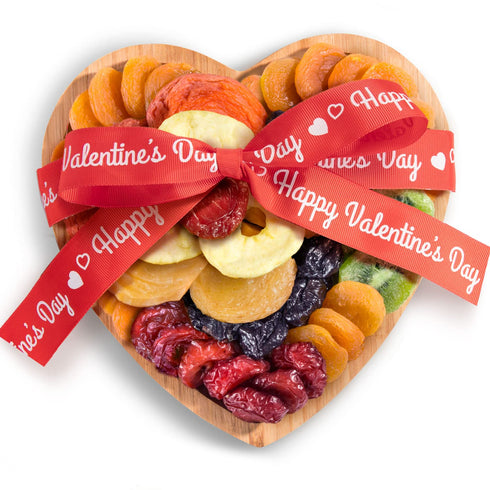 Dried Fruit on Heart Bamboo Serving Tray with Love Theme Ribbon