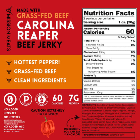 100% 2oz (Pack 6) Mission Meats Carolina Reaper Jerky from Grass Fed & Pasture Raised Beef, Caution: Extremely Spicy