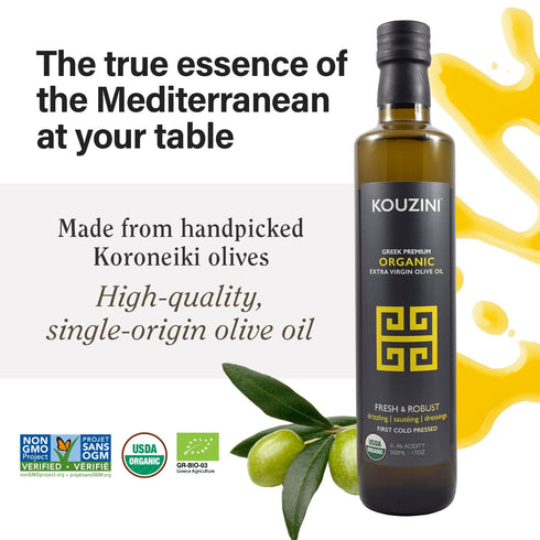 500ml Kouzini Organic Greek Extra Virgin Olive Oil, First Cold Pressed, Single Origin, Family Owned Organic Extra