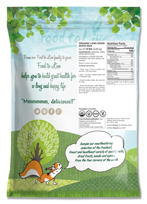 8 Food to Live Organic Long Grain White Rice, Pounds Non-GMO, Vegan, Kosher. Easy to Cook. Stays Separate and Fluffy.
