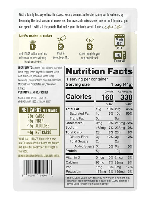 Sweet Logic Keto Dessert Mug Cake Mixes - Lemon Poppyseed - Low Sugar, Gluten-Free, Low Carb, 4 Pack
