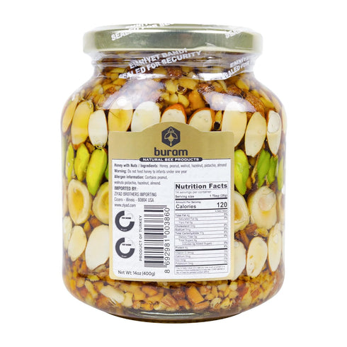 14 oz Buram Honey with Nuts - Healthy Protein Snacks - Peanuts, Walnuts, Pistachios, Hazelnuts - Resealable Jar - High