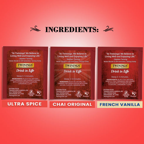 Twinings Chai Tea Variety 3-Pack – Chai, Ultra Spice Chai, French Vanilla Chai, Caffeinated Black Tea Bags (20 Count