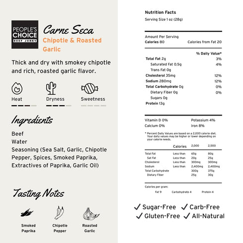 16 oz People's Choice Beef Jerky Carne Seca - Sugar Free, Keto, Zero Carb, High Protein - Chipotle & Roasted Garlic