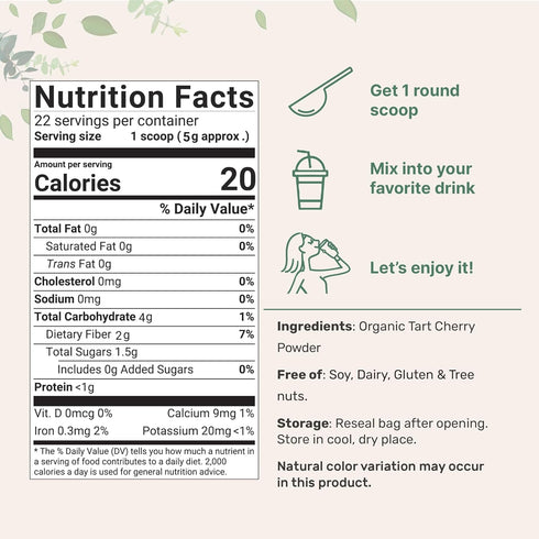 Organic Tart Cherry Powder, 4oz | 100% Natural Fruit Powder, No Sugar & Additives, Non-GMO & Vegan Friendly