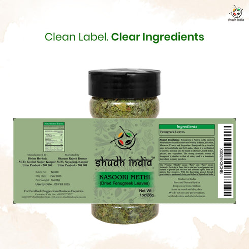 Shudh India Dried Fenugreek Leaves (Kasoori Methi) Ground Spice, All Natural, Vegan, Gluten Friendly, Indian Origin