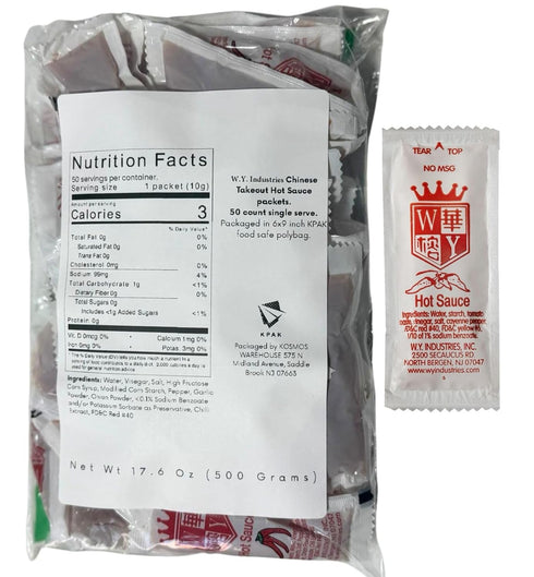 KPAK packets 50 count Packaged 6x9 inch 17.5 oz W.Y. Industries Chinese Takeout Hot Sauce single serve. in food safe