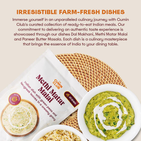 Pack 3 The Cumin Club Indian Meal Kit - Paneer Tikka Masala, Methi Matar Malai, Dal Makhani - Instant Meals Effortless
