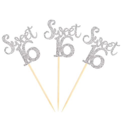 Ercadio Silver Sweet 16 Cupcake Toppers - Glitter Age Sixteen Picks for 16th Birthday Party Cake Decorations, 24 PCS