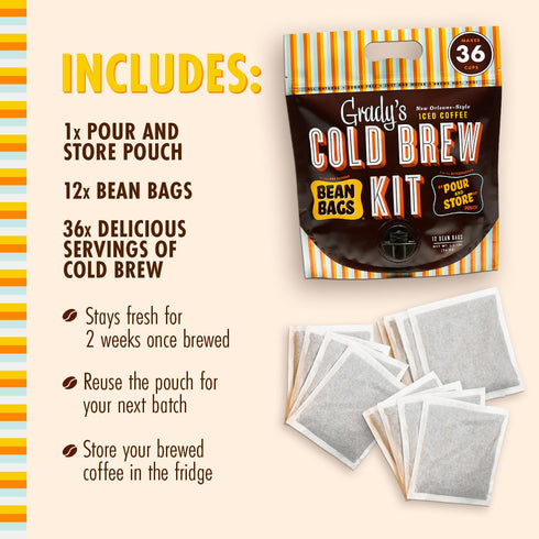 100% 12 36 GRADYS COLD BREW, New Orleans Style, Arabica Ground Coffee & Chicory Pouches, All-in-One Cold Brew Kit