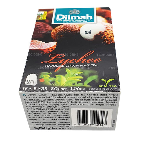 DILMAH Lychee Flavored Black Ceylon Tea - 20 Individually Wrapped Tea Bags, Premium Blend