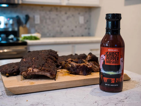14 (2 Pack) Pepper Joes Ghost Pepper BBQ Sauce Hot and Spicy BBQ with Delicious Flavor Balance Beer Infused Bhut