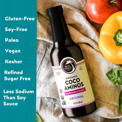 Big Tree Farms Organic Coco Aminos, Liquid Coconut Aminos, Soy-Free Sauce, Low Sodium, Gluten Free, Kosher, Non-GMO, 10