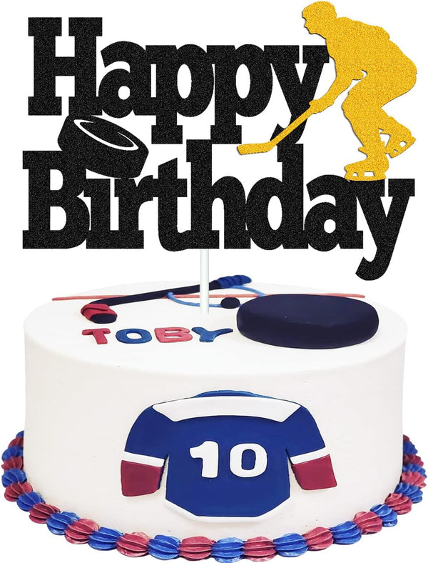 Hockey Cake Topper with Player Figurines - Happy Birthday Decor for Kids, Boys, Girls, Ice Hockey Party Supplies