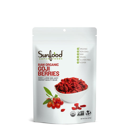 8 oz Sunfood Superfoods Raw Organic Goji Berries - Goji Berry, Sun Dried Wolfberry for Trail Mix, Snack, Smoothie