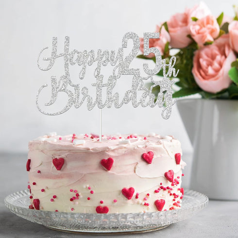 Silver Glitter Happy 25th Birthday Cake Topper, 25th Birthday Party Decoration