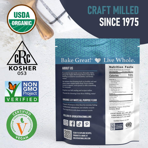 2 Lb Great River Milling Lily White Organic All-Purpose Flour | Unbleached & Unbromated | Non-GMO, Kosher | Ideal