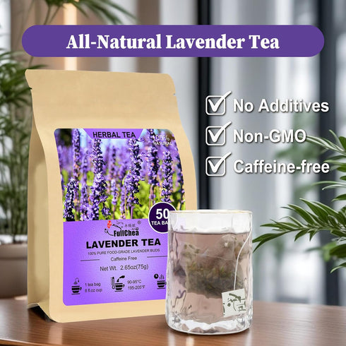 50 FullChea - Lavender Tea Bags, Teabags - Pure Lavender Flowers for Relaxation - Caffeine-Free Floral Tea for Sleep