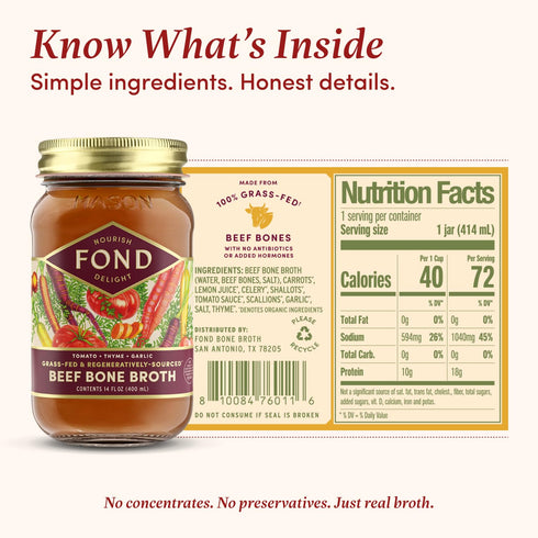 Slow-Simmered 14 oz (4-Pack) FOND Regenerative Grass Fed Beef Bone Broth Infused with Organic Tomato & Thyme Beef Broth