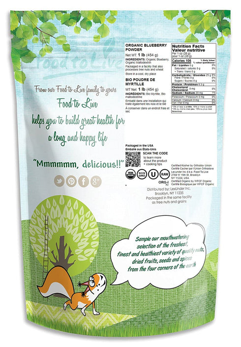 1 Food to Live Organic Blueberry Powder, Pound - Non-GMO, Unsulfured, Raw, Vegan, Bulk, Great for Juices, Smoothies
