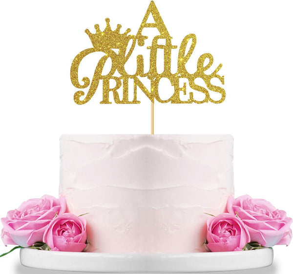 A Little Princess with Crown Cake Topper - Gold Glitter Baby Birthday Party Decoration
