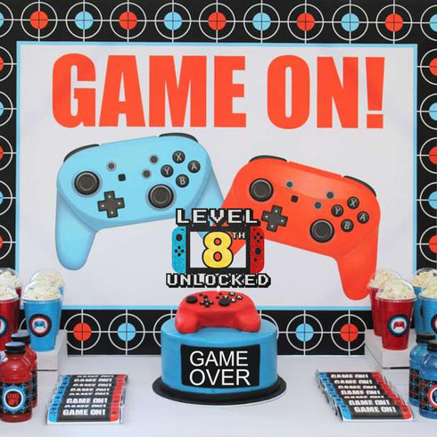 Level 8th Unlocked Cake Topper - Game Sign Theme Party Decorations for 8th Birthday Level Up Cake