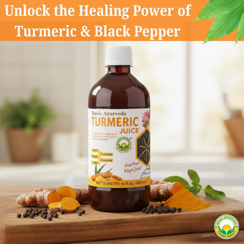 16.23 Oz (480ml) BASIC AYURVEDA Turmeric Juice with Black Pepper | Pure Haldi Extract for Wellness Support |