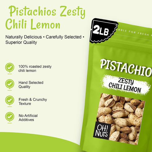 2 LB Packed Oh! Nuts Spiced Pistachios with Chili Lemon Flavor, Bold & Tangy Snack, Tajin-Style Seasoning, Chili