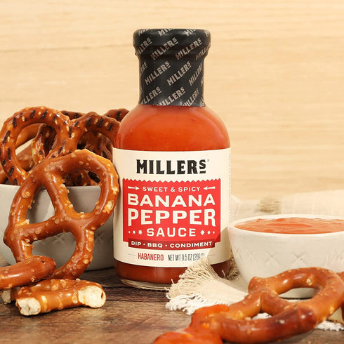 9.5 OZ Miller's Banana Pepper Habanero Hot Sauce, Sweet Spicy Banana Pepper Sauce - Best Use for Grilled Meats, BBQ