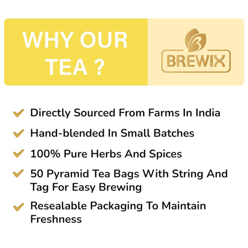 BREWIX Turmeric Ashwagandha Herbal Tea Bags (50 Pyramid Tea Bags) - Real Ingredients from India, Caffeine Free &