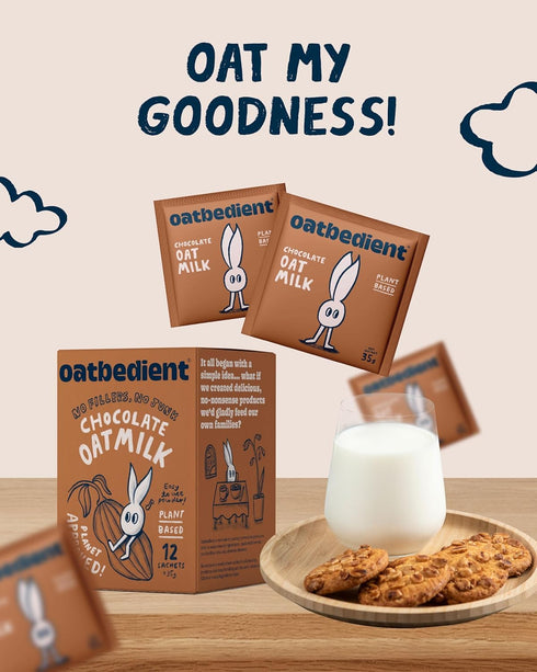 10 oz 12 Oatbedient Chocolate Oat Milk Powder, Sachets, Non-Dairy Milk Powder, NGMO, Vegan, No Preservatives, Lactose