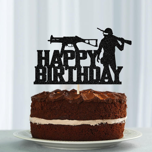 PUBG Happy Birthday Cake Toppers - Video Game Themed Birthday Party Decorations Picks for Kids Black Glitter