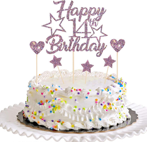 Purple Glitter Happy 14th Birthday Cake Topper with Cupcake Toppers for Boys or Girls (14th)