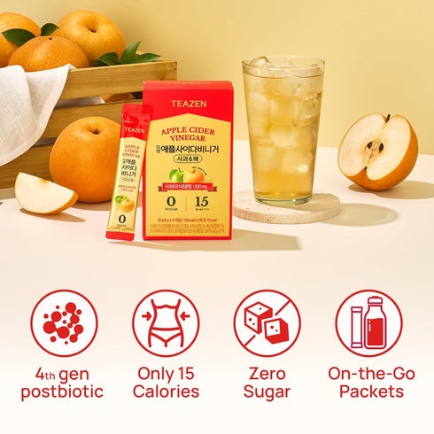 Packets, 1500mg 10 Counts TEAZEN Apple Cider Vinegar Drink Powder Apple & Pear Flavor On-the-Go Wellness with ACV, Zero