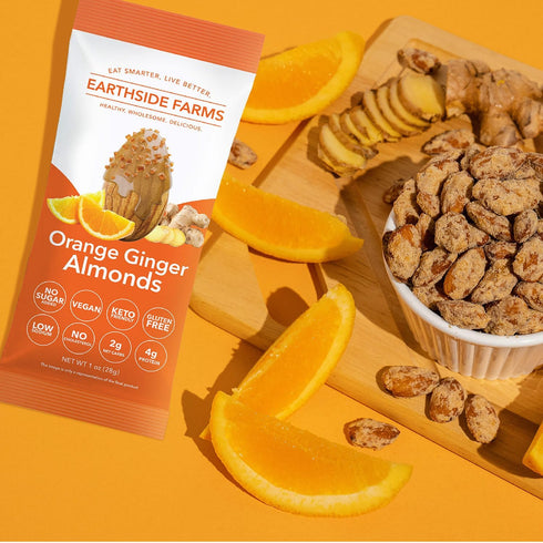 1oz, 8 Pack Earthside Farms Orange Ginger Almonds Low Sugar, Keto-Friendly Candied Almonds Gluten-Free Vegan Snack