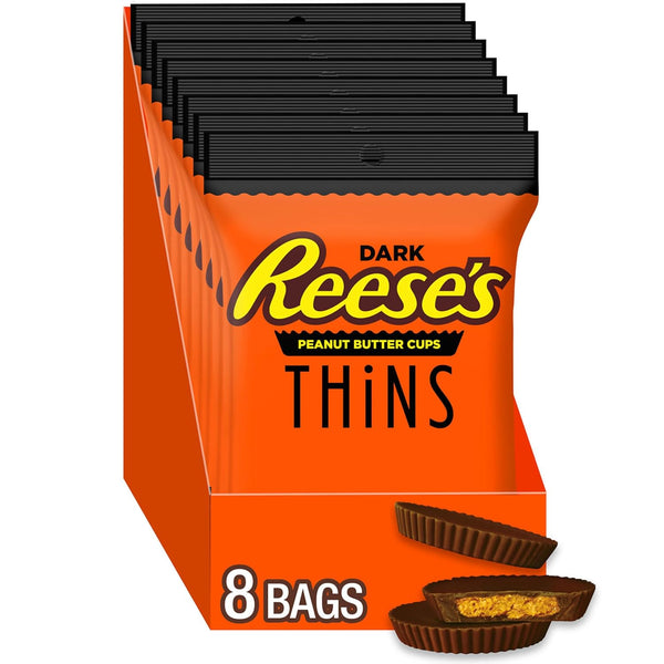 REESE'S THiNS Dark Chocolate Peanut Butter Cups, Candy Packs, 3.1 oz (8
