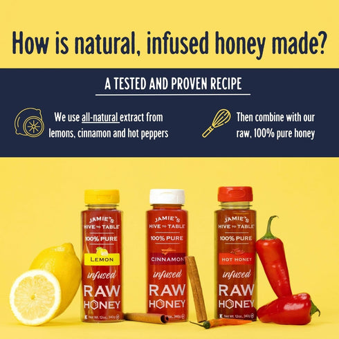 Set 36 Oz, Pack 3 100% Jamie's Hive to Table Infused Honey Gift Hot, Lemon, and Cinnamon Flavors, of Squeeze Bottles